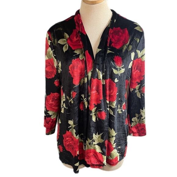 Slinky Brand Red Roses Velvet Open Front Cardigan Size XL - Picture 2 of 8